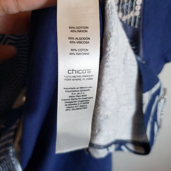 Chico's Eastern Splice Hollis High-Low Tee Blue Size Small Artsy Beaded Sequins - Picture 7 of 8